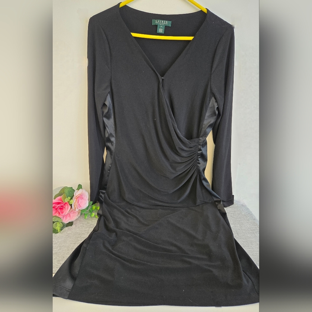 Lauren Ralph Lauren Size 14 Black Evening Long‎ Sleeve Faux Wrap Dress
